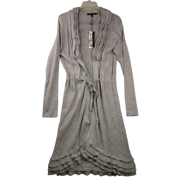 Robert Kitchen Canada Gray Cardigan Sweater Ruffle Trim Open Front With Tie M - Picture 1 of 12